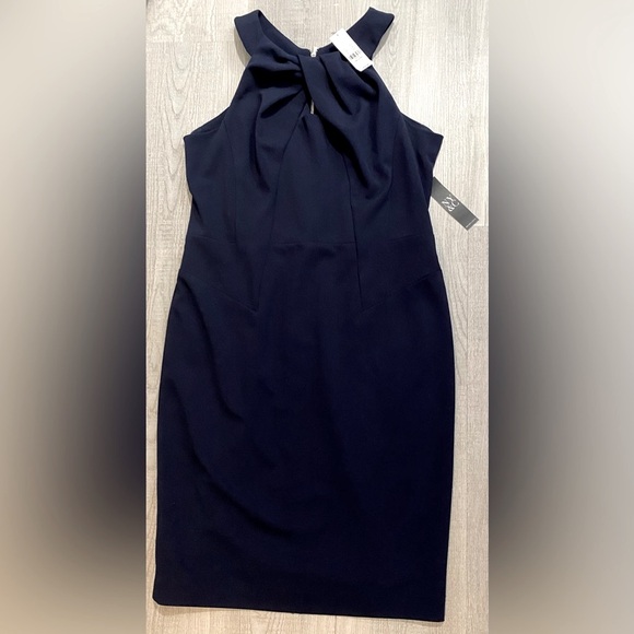 EUC NY&Co. Navy Blue Pleated Neck Sleeveless Dress Size S. Back Silver Full Zip - Picture 5 of 9